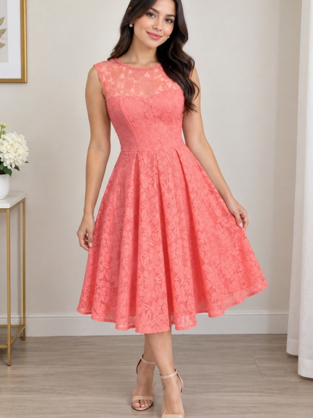 London Times Coral Lace Fit-and-Flare Midi Dress